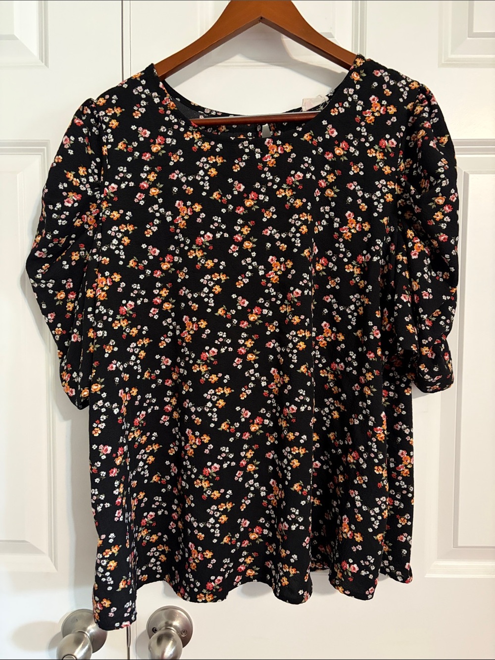 Black Floral Puff-Sleeve Blouse with Petite Blossom Print